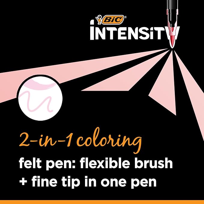BIC Intensity 2 in 1 Dual Tip Fineliner Pens, Fine Tip (0.7mm) and Flexible Brush (3.7mm), Assorted Pastel Colors, 6-Count Pack