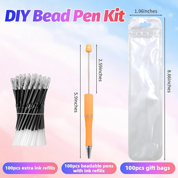 300 Pieces DIY Beadable Pen Kit – 100 Plastic Ballpoint Pens with Refills & Bags – School Supplies, Office Accessories & Decorative Items for Students & Teachers (Candy color)