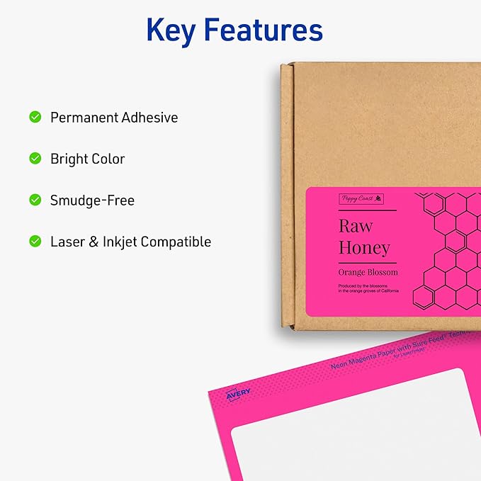 Avery Printable Labels with Sure Feed, 2" x 4", Assorted Neon Colors (Green, Magenta, and Yellow), Removable Adhesive, Laser & Inkjet Compatible, 120 Blank Labels Total (6481)