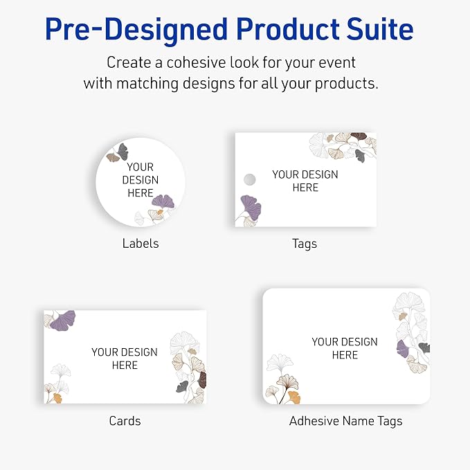 Avery Printable Square Labels with Sure Feed Technology, Pre-Printed Silver Metallic with Gingko Leaves Design, Matte White, 2" x 2", Laser & Inkjet Compatible, 120 Total