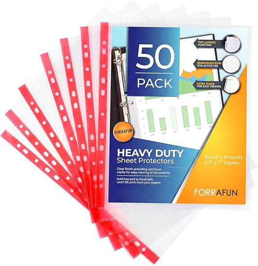 50 Pack Sheet Protectors, Red Edge Heavy Duty Standard 8.5 x 11 Inch Paper Page Protectors for 3 Ring Binder Clear Binder Sleeves Document Protector for Office Stationery Supplies