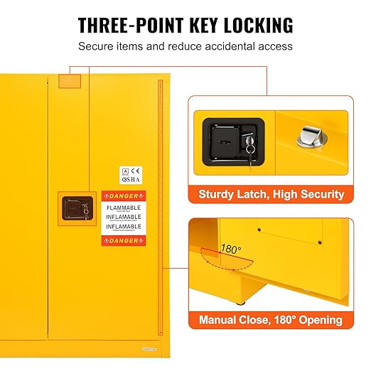 VEVOR Flammable Safety Cabinet 43.1 x 18.1 x 50.1, Cold-Rolled Steel Flammable Liquid Storage Cabinet 34 Gal with 2 Adjustable Shelves/2 Manual Closing Doors for Industrial Use, Yellow
