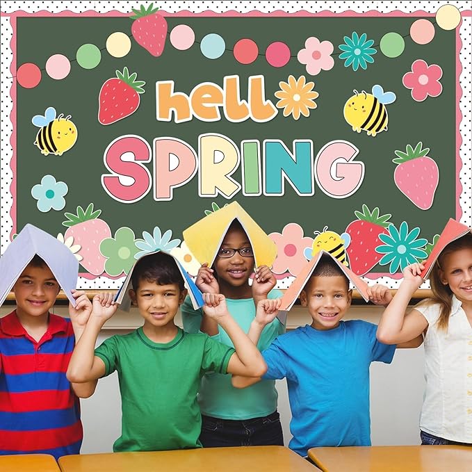 Hello Spring Bulletin Board Decorations Set Strawberry Cutouts Flowers Bulletin Board Decorations Floral Theme Blackboard Borders Flowers Cutouts for School Classroom Wall Decor