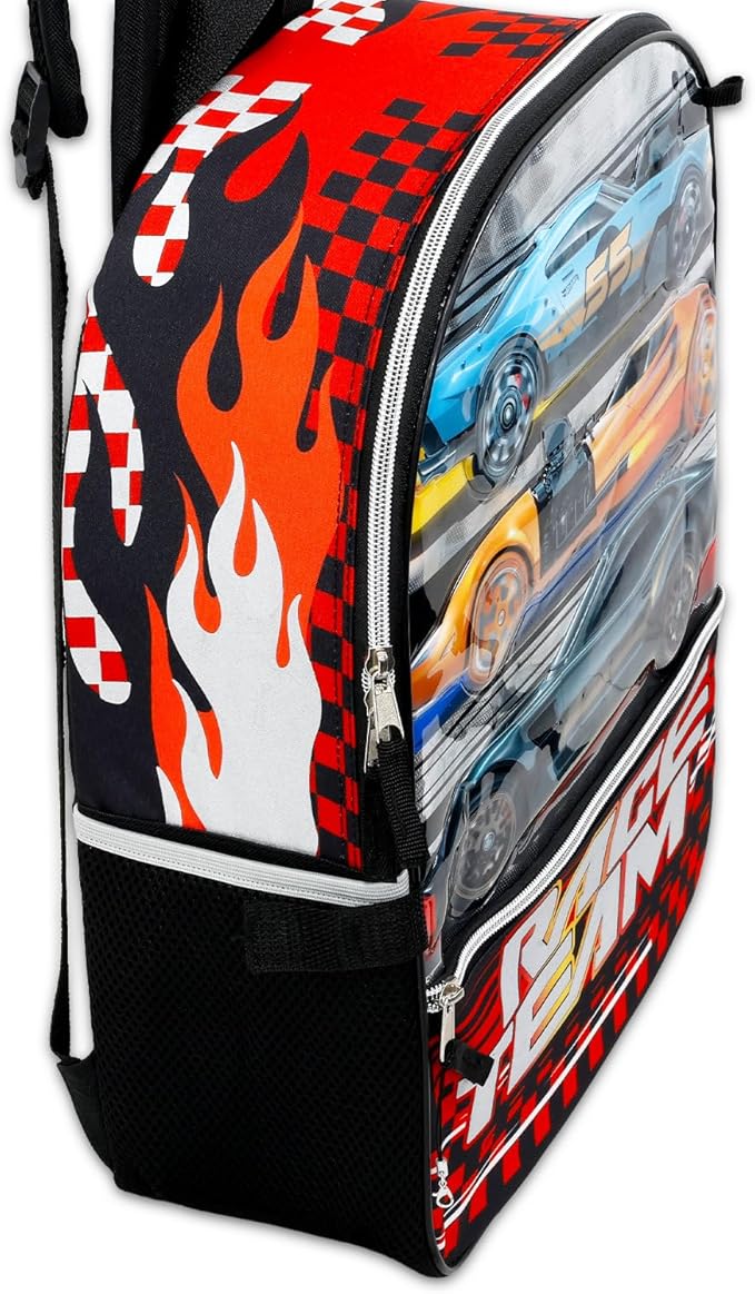 Hot Wheels Backpack with Lunch Box for Boys - Bundle with 16" Racecar Backpack, Lunch Bag, Water Bottle, Pencil Case, Stickers, More | Hot Wheels School Bag for Kids