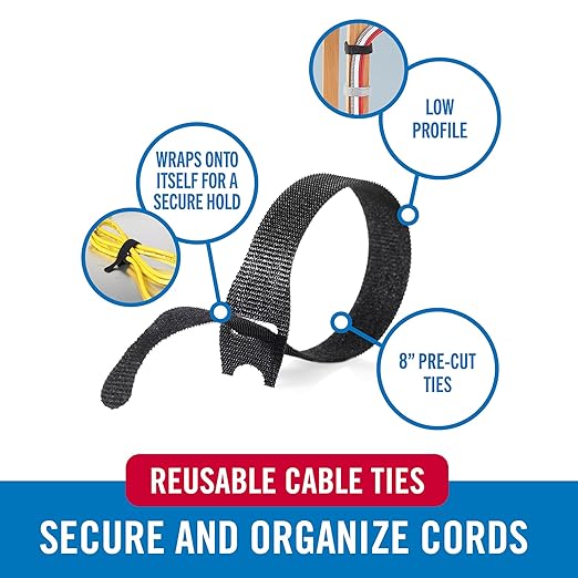 VELCRO Brand ONE-WRAP Cable Ties | 25Pk | 8 x 1/2" Black Cord Organization Straps | Thin Pre-Cut Design | Wire Management for Organizing Home, Office and Data Centers