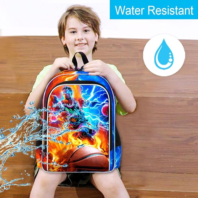 gxtvo 3PCS Kids Basketball Backpack for Boys, 17" School Bag with Lunch Box, Water Resistant Lightning Bookbag Middle Elementary - Fire & Lightning Basketball Player