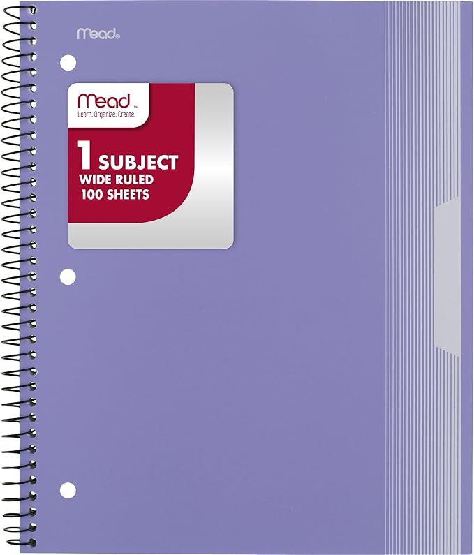 Mead Spiral Notebook, 1 Subject, Wide Ruled Paper, Plastic Cover, 8" x 10-1/2", 100 Sheets, Pastel Lilac (930092D)