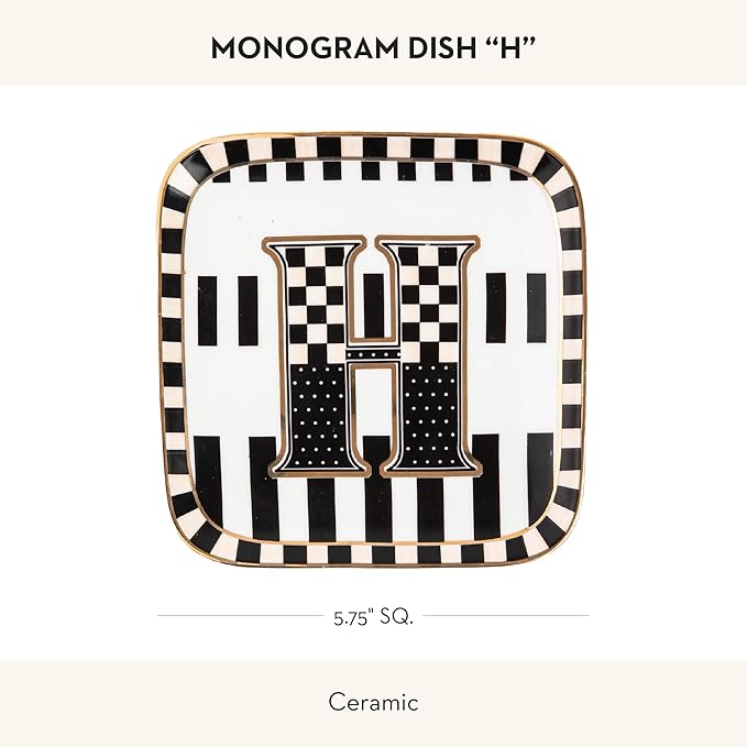 MACKENZIE-CHILDS Monogram Dish, Decorative Ceramic Letter Plate, 5 3/4" Square, H