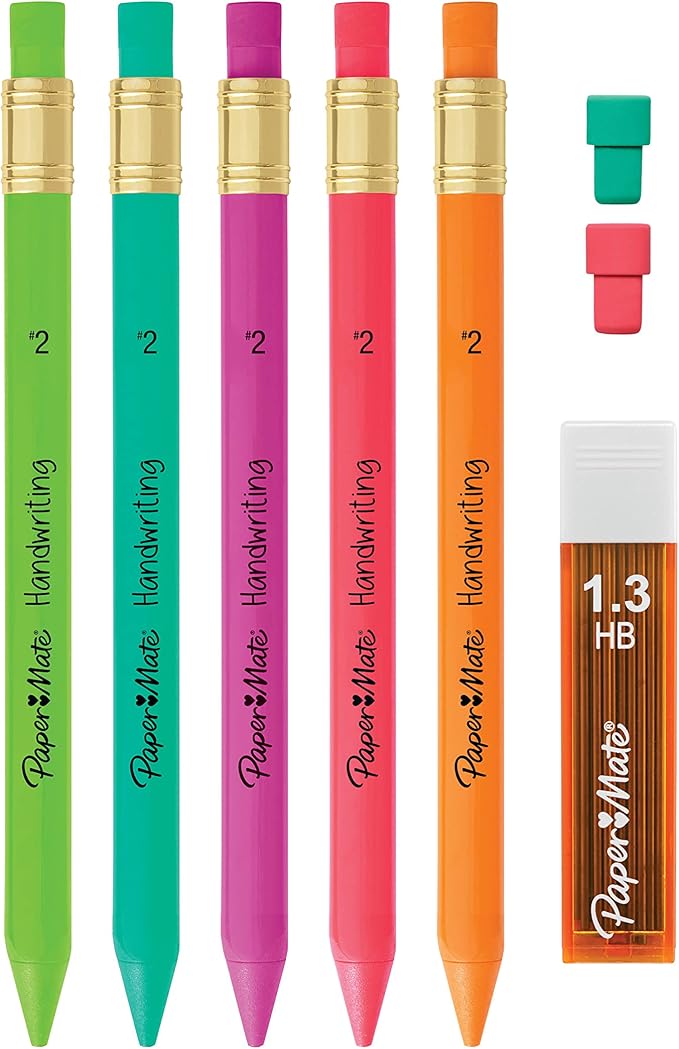 Paper Mate Handwriting Triangular Mechanical Pencil Set with Lead & Eraser Refills, 1.3mm, School Supplies, Office Supplies, Sketching Pencils, Drafting Pencil, Fun Barrel Colors, 8 Count (Pack of 2)