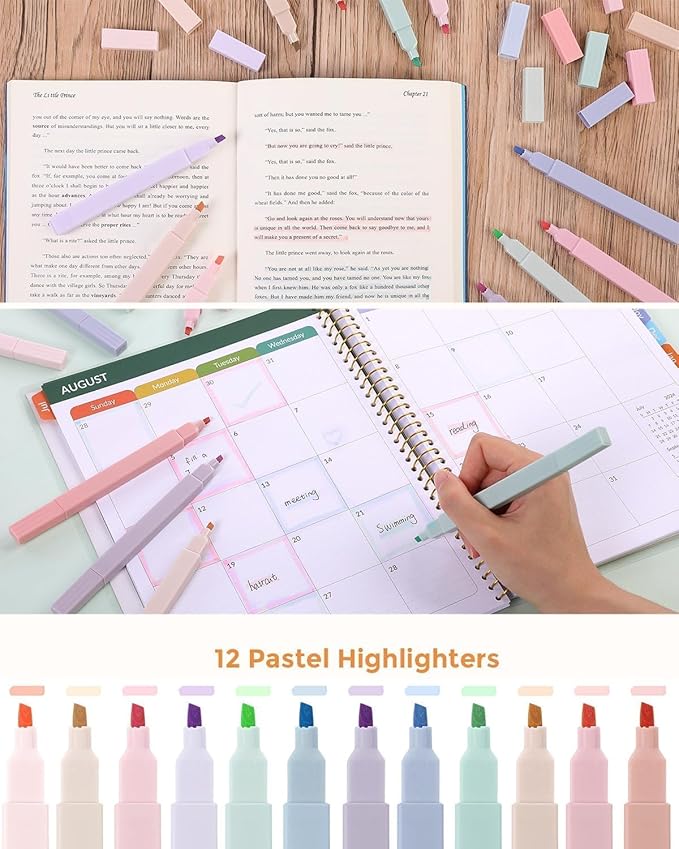 SKYDUE Cute School Supplies 38 PCS, Pencil Case with 12 Pastel Highlighters, 5 Black Gel Pens, Mechanical Pencils, College Essentials Students Stationary Set Green