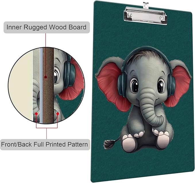 Fashion Clipboard, A4 Letter Size Wooden Decorative Clipboards for Teacher, Nurse, Doctor,Student and Kids, Cute Design for Standard Size 12.2" x 8.9"(C-Cute Elepant)
