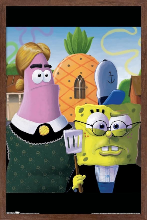 Trends International Nickelodeon Spongebob - American Gothic Wall Poster, 14.725" x 22.375", Mahogany Framed Version