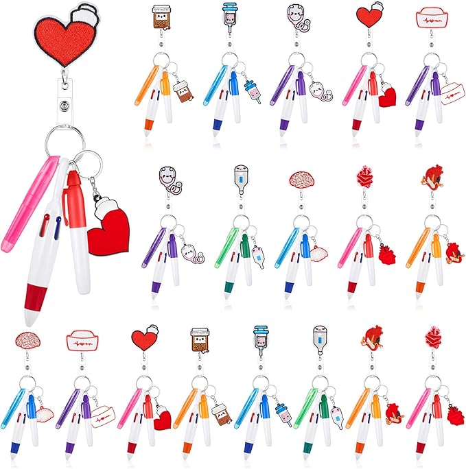 Henoyso 108 Pcs Nurse Badge Reel Pens Mini Highlighter Pens Bulk Nursing Week Appreciation Gifts Badge Accessories Retractable for Cna Medical Assistant Christmas Women (Stylish)