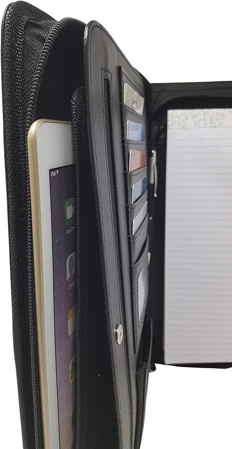 Matt Black Zippered Portfolio Binder - PU Leather Business Portfolio Organizer - Padfolio for Men & Women with US Letter Notepad, 10.5 Inch Tablet Pocket & Gift Box by Lautus Designs