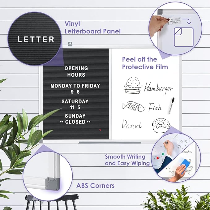 S SWANCROWN Magnetic Dry Erase & Felt Board Combo - Changeable Letter Felt Board for School, Office, Home - Aluminum Frame, 36x24 inch