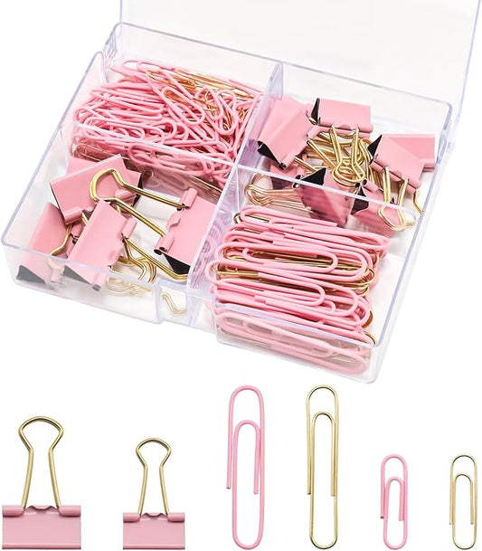 Paper Clips Binder Clips Combo Set, Assorted Size, 155 Pcs, Office Supplies Set for Office, School and Home(Pink)