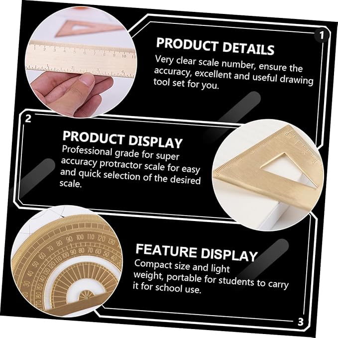 TEHAUX Brass Protractor and Triangle Ruler Set Geometry Measurement Tools for School and Drafting Scale for Accurate Drawings Lightweight and Portable
