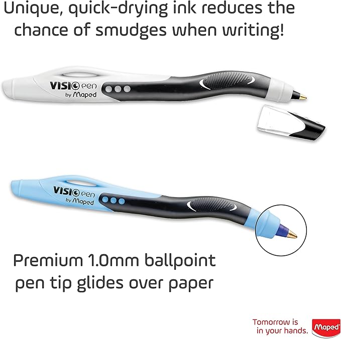 Maped - Visio Left-Handed Quick-Drying Ballpoint Pen - 3 Pack - Writing Notes - Left-Handed Design - Curved Barrel for Visibility - Quick-Drying Ink, Comfortable Grip, Versatile Colors