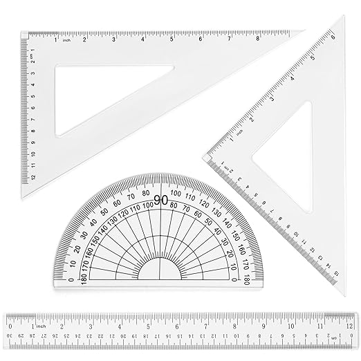 Coopay 12 Inch Math Geometry Tool Plastic Ruler Square Set Includes Straight Ruler, Triangles, Protractor for Student School Office Supplies (Clear)