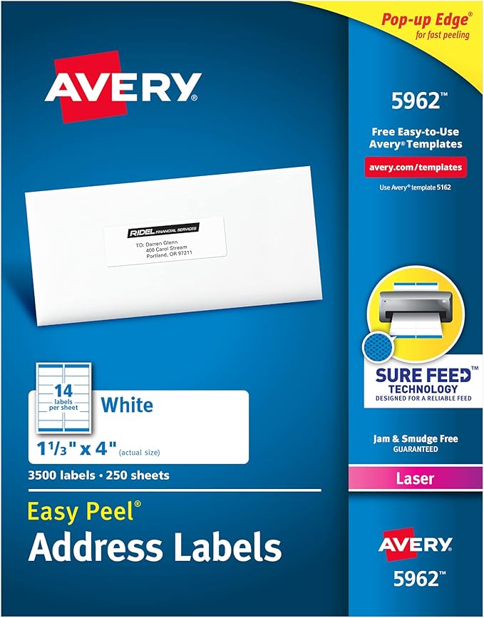 Avery Mailing Address Labels, Laser Printers, 3,500 Labels, 1-1/3 x 4, Permanent Adhesive, 2 Packs (5962)