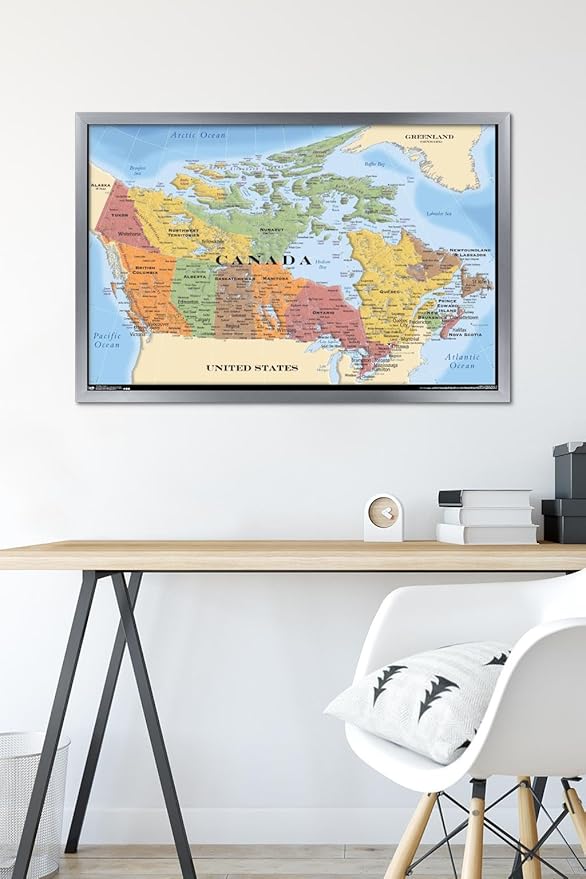 Map - Canada Wall Poster, 34L" x 22.4W", Silver Framed Version