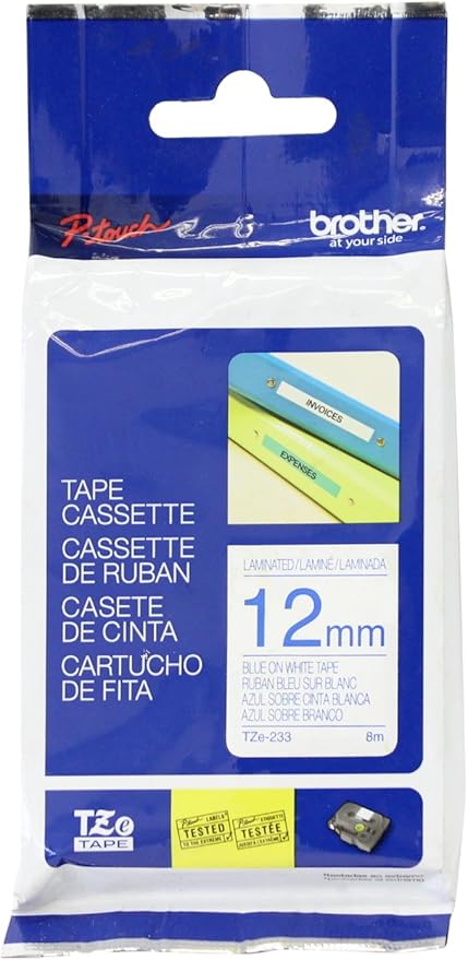 Brother TZe-233 Labelling Tape Cassette, Blue on White, 12 mm (W) x 8 m (L), Laminated, Brother Genuine Supplies