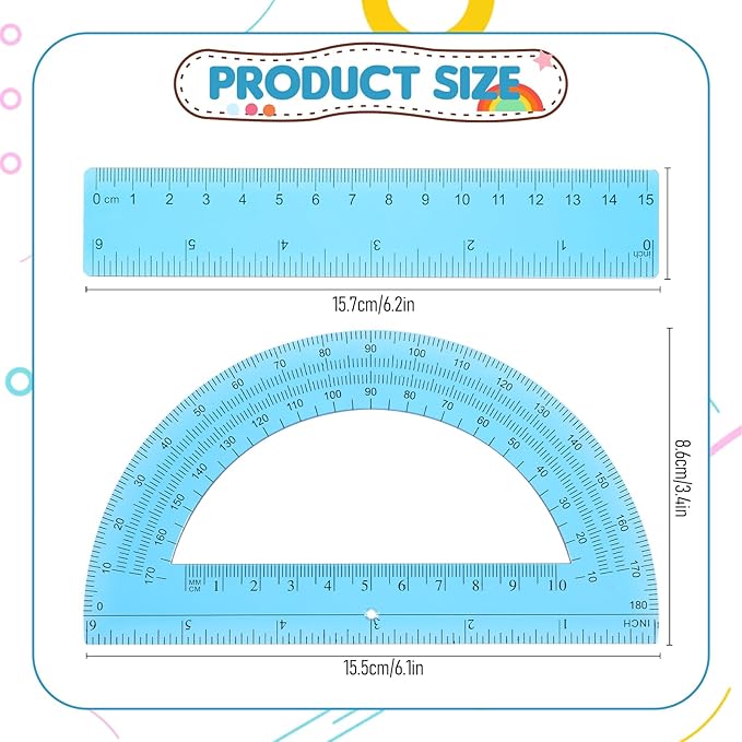 2Pcs 6 Inch Plastic Protractor and 6 Inch Plastic Ruler Set, Student Geometry Math Transparent Measuring Tools for Classroom School Office Supplies Drawing Measuring (Blue)
