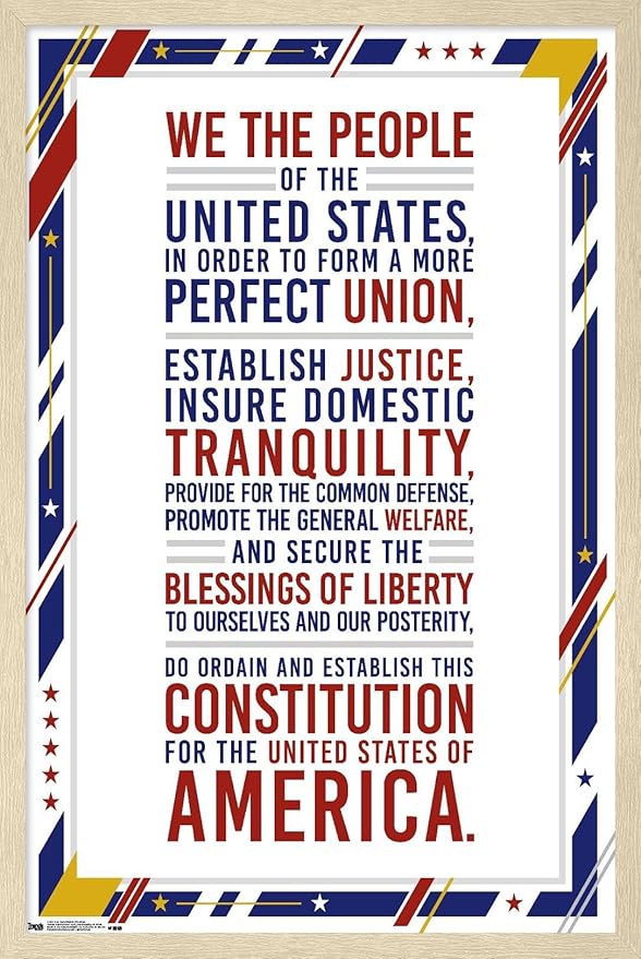 The United States Of America - Constitution Preamble Wall Poster, 34L" x 22.4W", Blonde Framed Version