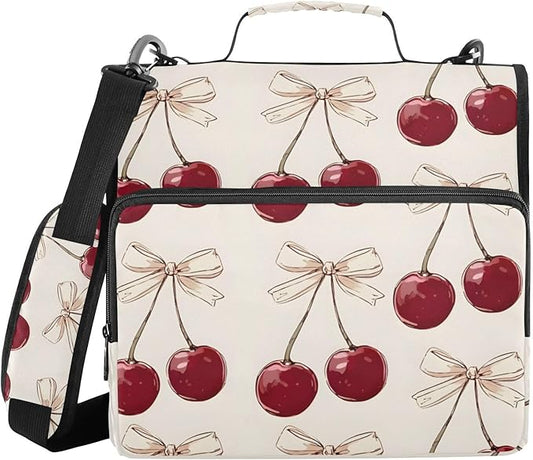 Cherry Pink Bow Cherries Zipper Binder Bag 3 Ring Binder with Shoulder Strap Zip Up 500 Sheets Capacity Multi Pockets for School Office Supplies