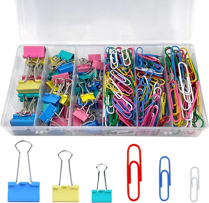 320PCS Paper Clips Binder Clips,Colored Paperclips and BinderClips Assorted Sizes(S/M/L),Colored Office Clips Set,Paper Clamps,Colorful Binder Clips for Office School Supplies Document Organizing
