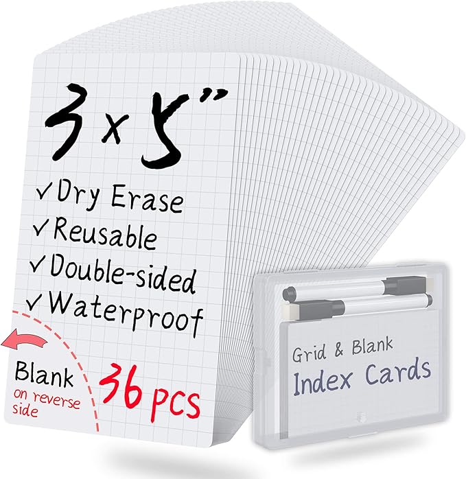 Dry Erase Index Cards 3x5 Grid & Blank, 36 Sheets Reusable Graph Flash Cards Blank with Box, Waterproof Note Cards for Studying, Small White Board Dry Erase Board, Teacher & School Supplies