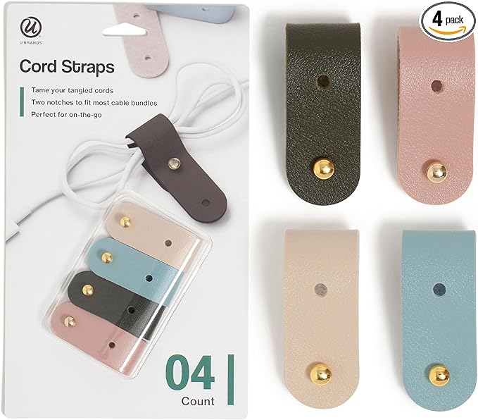 U Brands Vegan Leather Cord Straps, Set of 4 Cable Ties, Cable Management, Office Desk Accessories, Office Supplies, Assorted Colors