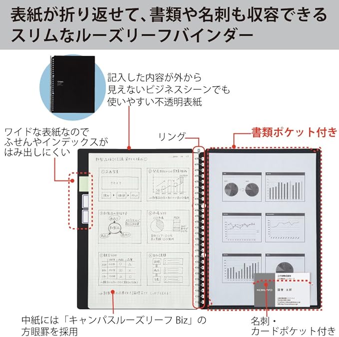 Kokuyo Campus Smart Ring Binder, A5 Black Refillable Binder Notebook 20 Holes with 10 Extra Loose-Leaf Paper, Up to 25 Filler Papers for Work & Study, Japan Import (RU-SP131D)