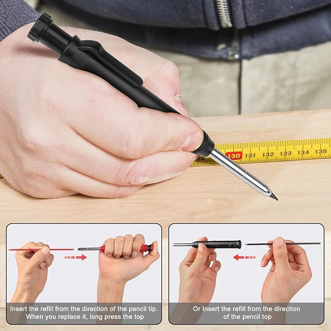 MECHEER 3 Pack Carpenter Pencils Mechanical Pencils with 36 Refills, Construction Pencils with Built-in Sharpener, Long Nib Deep Hole Heavy Duty Woodworking Pencil Marker for Architect (3 Colors)