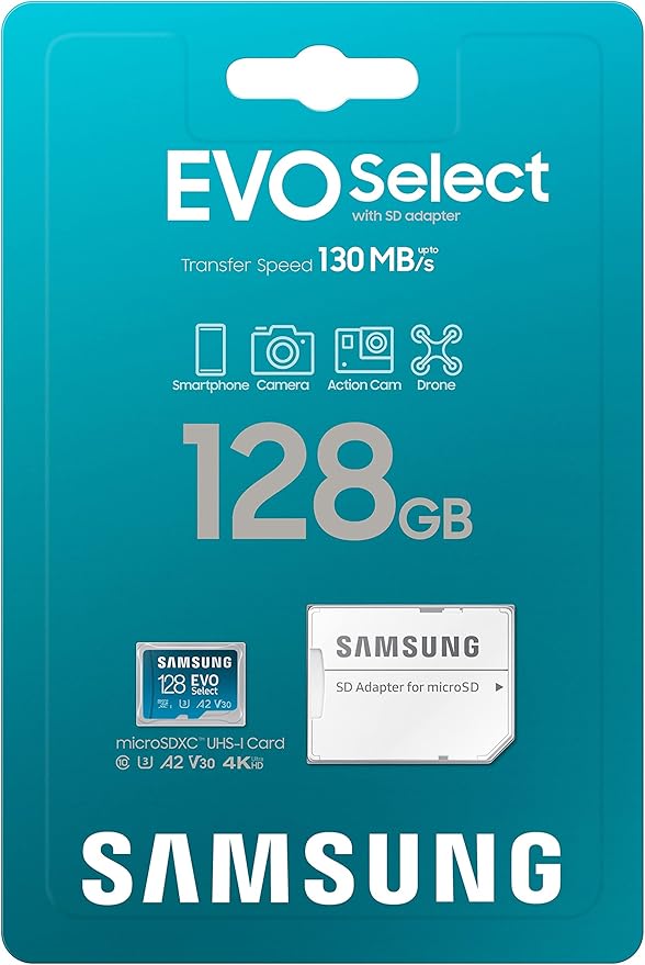 SAMSUNG EVO Select Micro SD-Memory-Card + Adapter, 128GB microSDXC 130MB/s Full HD & 4K UHD, UHS-I, U3, A2, V30, Expanded Storage for Android Smartphones, Tablets, Nintendo-Switch (MB-ME128KA/AM)