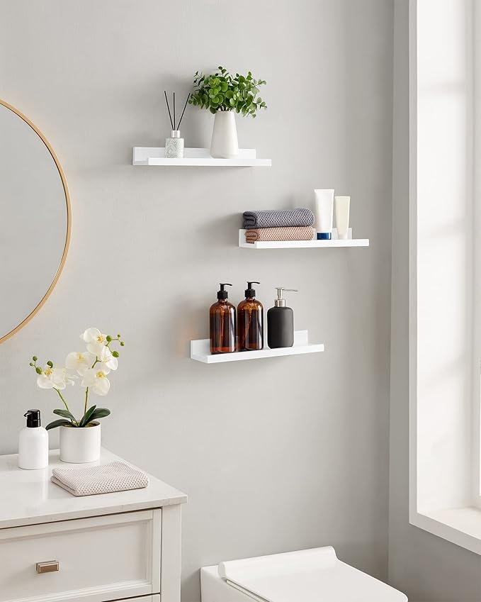 SONGMICS Floating Shelves, Set of 3 Wall Shelves, 15-Inch Wide, for Photo Frames and Trinkets, for Living Room, Home Office, Kitchen, Bathroom, White ULWS38WT