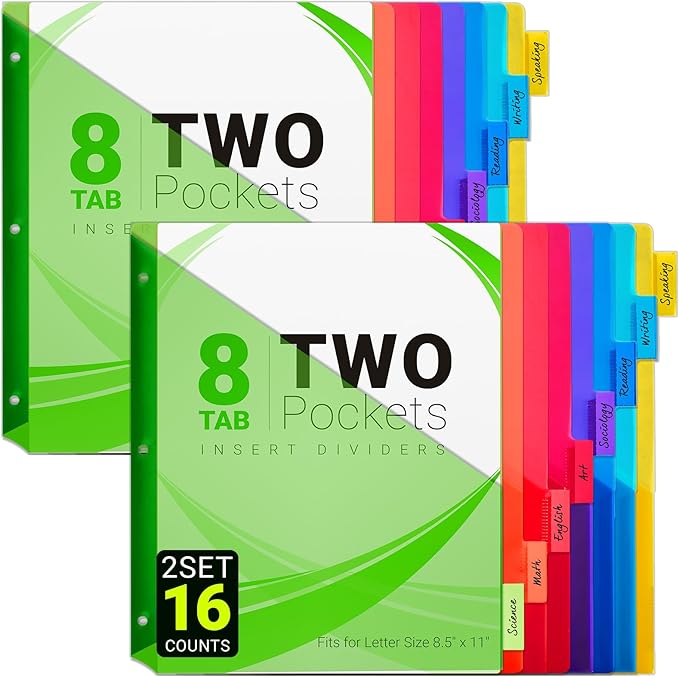 8-Tab Dividers for 3-Ring Binders, 16 Counts 3 Holes Index Dividers with 2 Pockets, Insertable 8 Tabs Binder Divider for 1/2''/1''/2''/3'' inch Binders, 8 Colors (2)