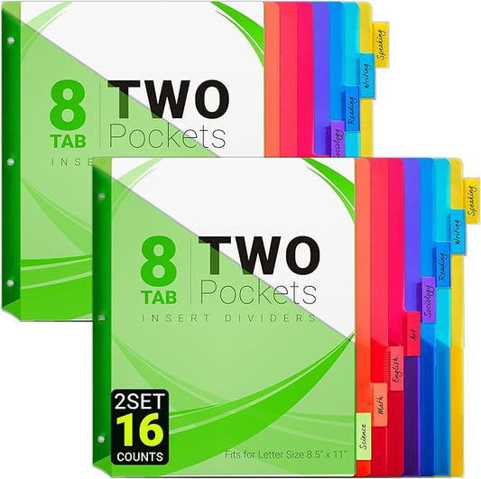 8-Tab Dividers for 3-Ring Binders, 16 Counts 3 Holes Index Dividers with 2 Pockets, Insertable 8 Tabs Binder Divider for 1/2''/1''/2''/3'' inch Binders, 8 Colors (2)
