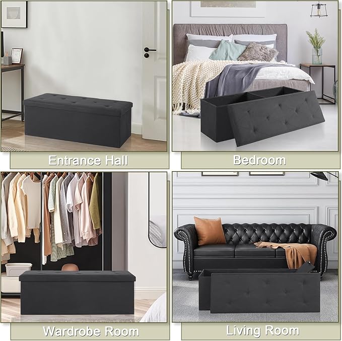 VECELO 43'' Folding Storage Ottoman Bench, Storage Chest, Linen Fabric Foot Rest Stool, 158L Storage Footstools for Bedroom and Living Room, Holds up to 660 lbs, JBlack