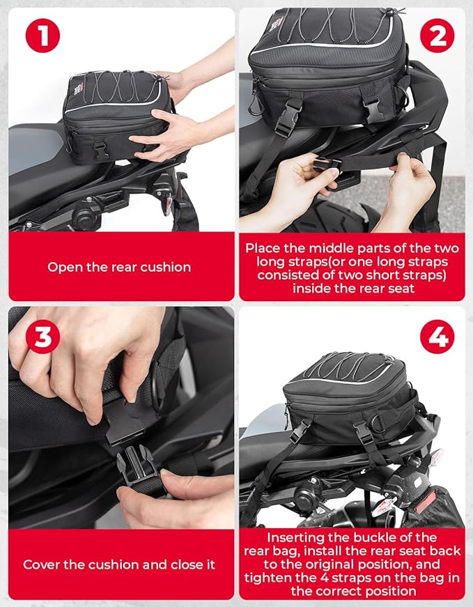KEMIMOTO Motorcycle Tail Bag, Dual Use Motorcycle Rear Seat Bag with Waterproof Rain Cover, 7-14L Expandable Motorbike Small Bag Luggage Storage Backpack with 6 straps & 1 shoulder strap