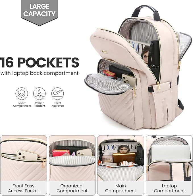 LOVEVOOK Laptop Backpack for Women 17.3 inch,Cute Womens Travel Backpack Purse,Professional Laptop Computer Bag,Waterproof Work Business College Teacher Bags Carry on Backpack with USB Port,Nude