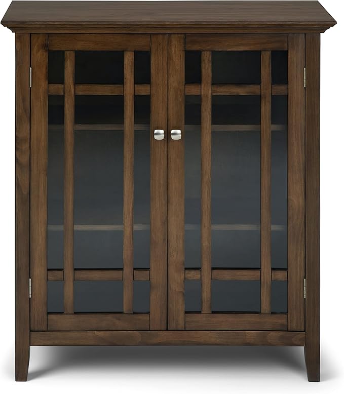 SIMPLIHOME Bedford Storage Cabinet - 39 inch Wide Solid Wood Medium Cabinet in Rustic Natural Aged Brown, Transitional Console for Living Room, Entryway, or Dining Room with Glass Doors and Shelves