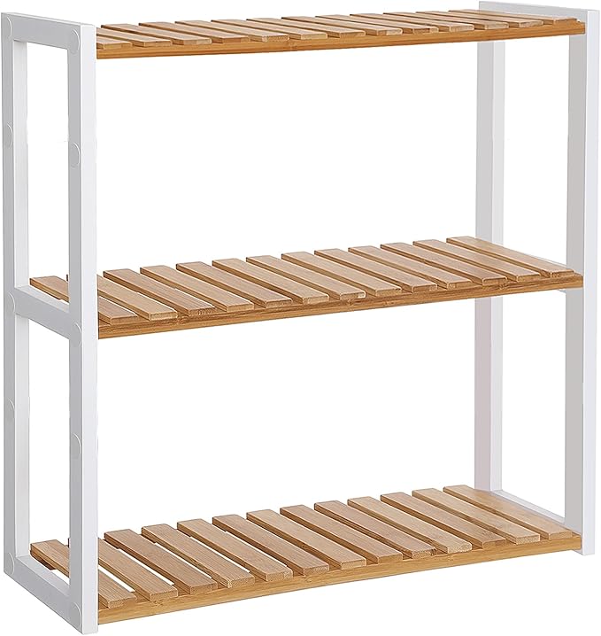 SONGMICS Bamboo Bathroom Shelf, 3-Tier Adjustable Plants Rack, Wall-Mounted or Stand, in The Living Room, Balcony, Kitchen, 5.9 x 23.6 x 21.3 Inches, Natural and Cloud White UBCB13WN