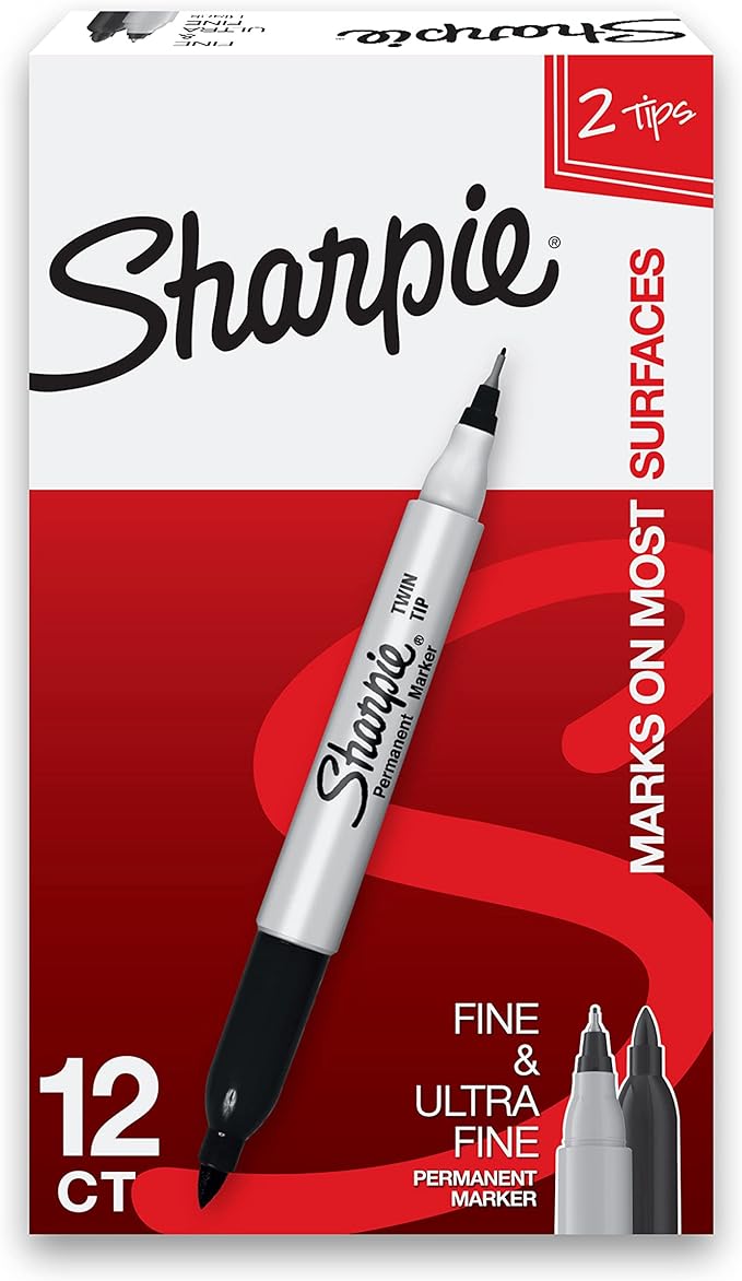 Sharpie Twin Tip Permanent Markers, Fine and Ultra Fine, Black, 12 Count