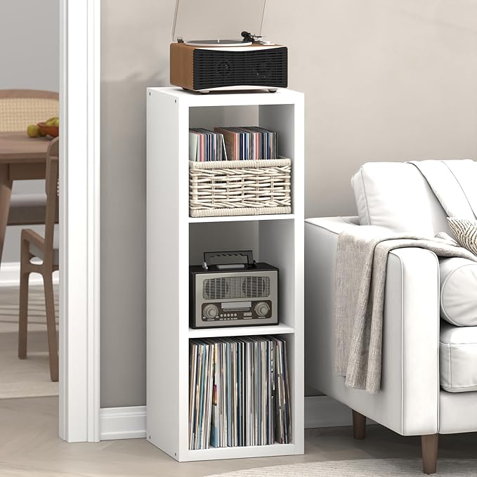 Furinno Cubicle Record Player Stand with Vinyl Storage, 3-Cube 1.2 Extra Thick Vinyl Record Storage, Open Back Media Shelf for CD DVD Blueray Game Disc, for Living Room, Home Office, White