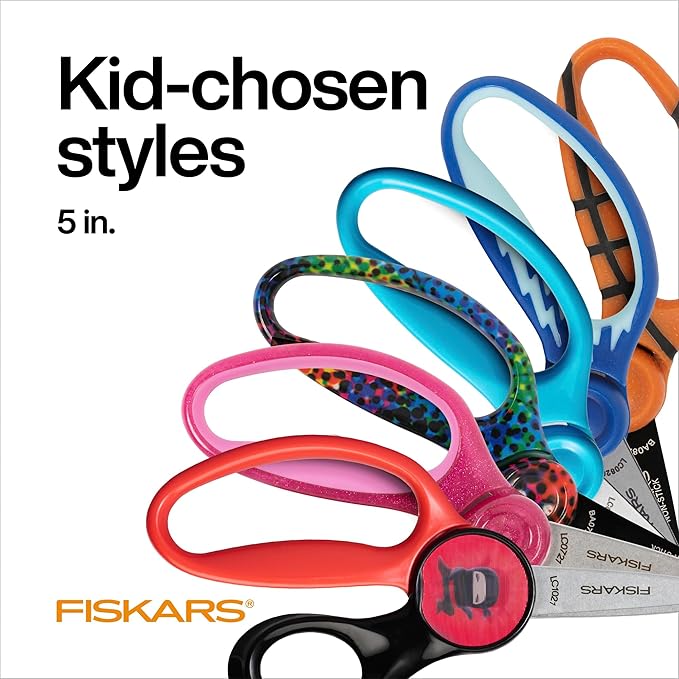 Fiskars 5" Pointed-Tip Scissors for Kids 4-7 with Non-Stick Blades - Scissors for School or Crafting - Back to School Supplies - Basketball (Pack of 3)