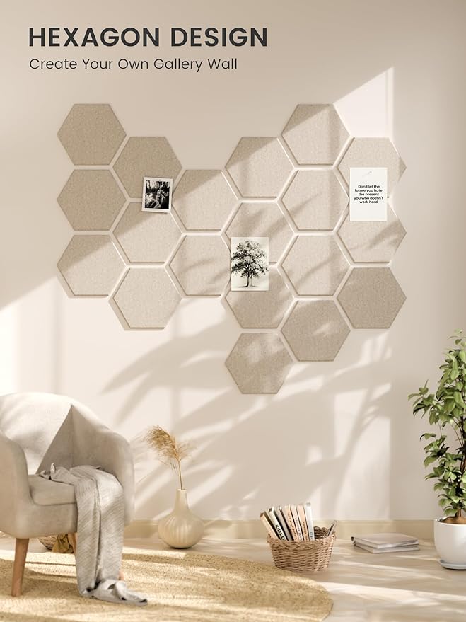 Fluxynara Hexagon Cork Board Alternative for Walls Decor-8-Pack Felt Bulletin Board Tiles,with 30 Pushpins,50 Adhesive Tabs for Office,Classrooms & Home Pin Board Felt Board-Oatmeal