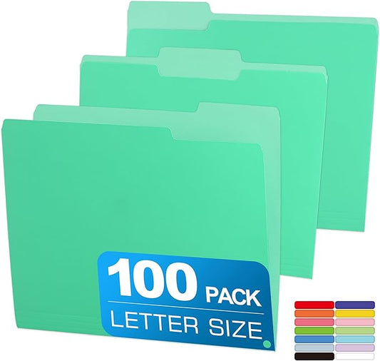 100 Packs Colored File Folders,Light Green File Folders,Two Tone Color File Folder 8.5 x 11 Inch,1/3 Cut Tabs Letter Size,Manila File Folders for Office,School and Home,Organization