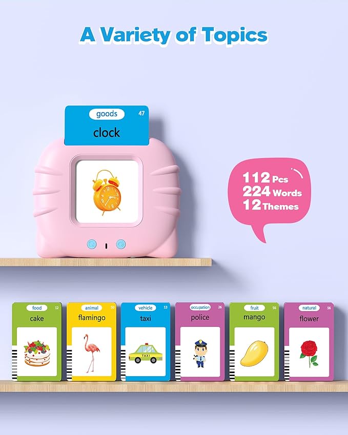 Talking Flash Cards for Toddlers 1 2 3 4 Year Olds, Montessori Language Learning with 224 Words, Pocket Speech Therapy Playthings, Children's Sensory Educational Device, Pink