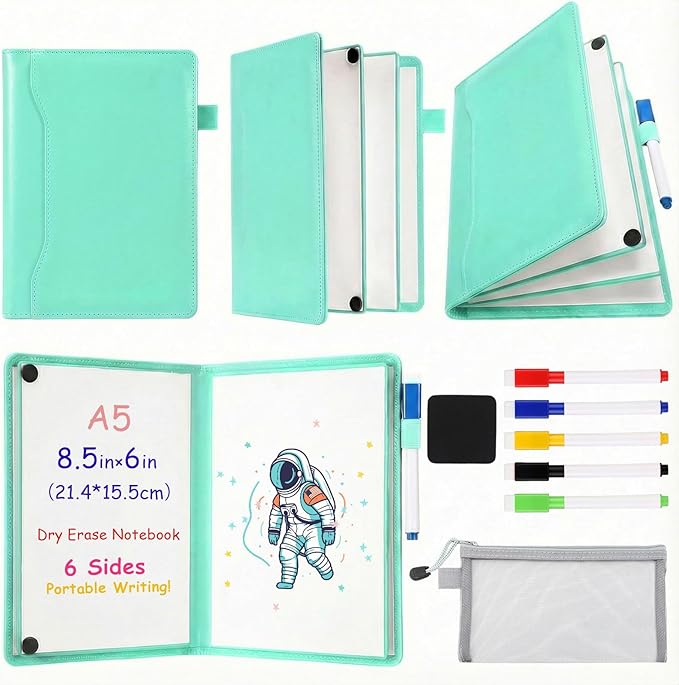 6 Sides Dry Erase Notebook Portable Whiteboards Notebook 9"x6"(a5) Small Reusable Whiteboard Notepad Foldable Anti-ghosting Surface, Travel White Board for Office Study Meeting Planning